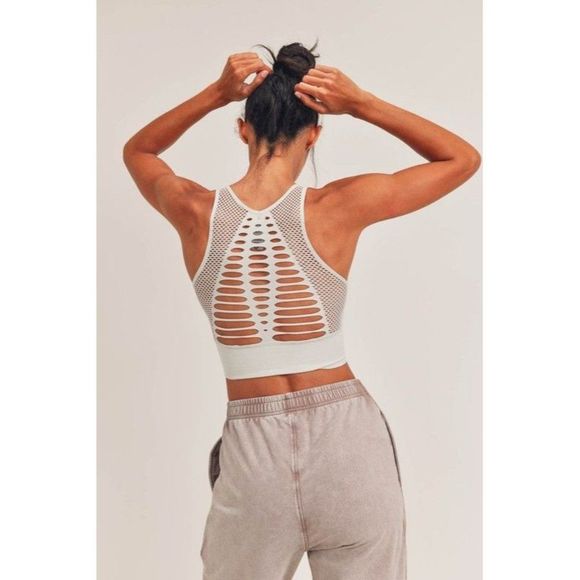 Mono B Other - Laser Cut Seamless Sports Bra Activewear Top in White